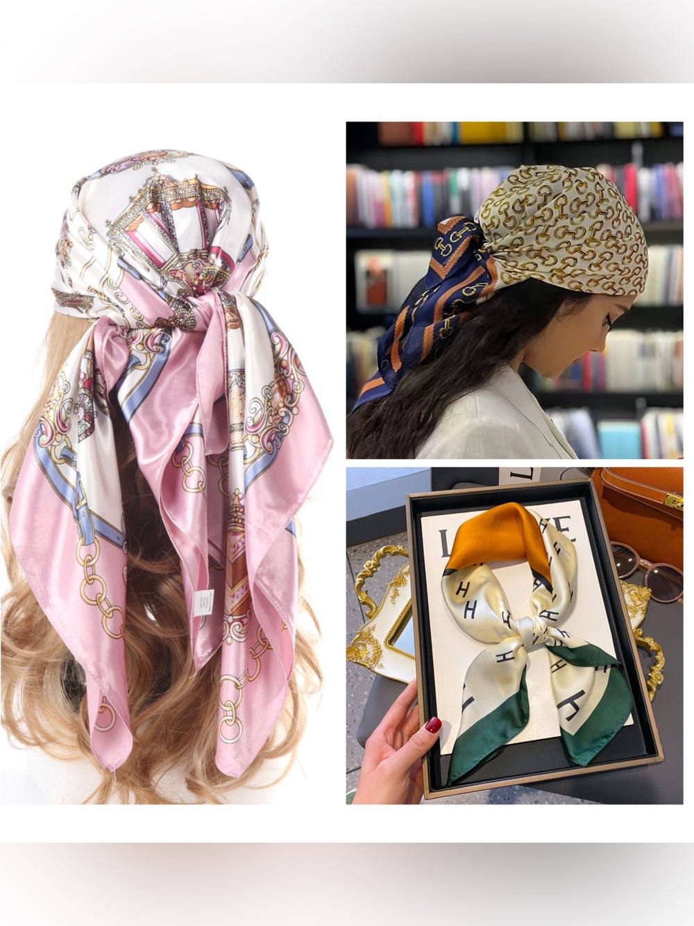 Bundles Of 3 Women’s Silk Head Scarf - Pink Chain Print